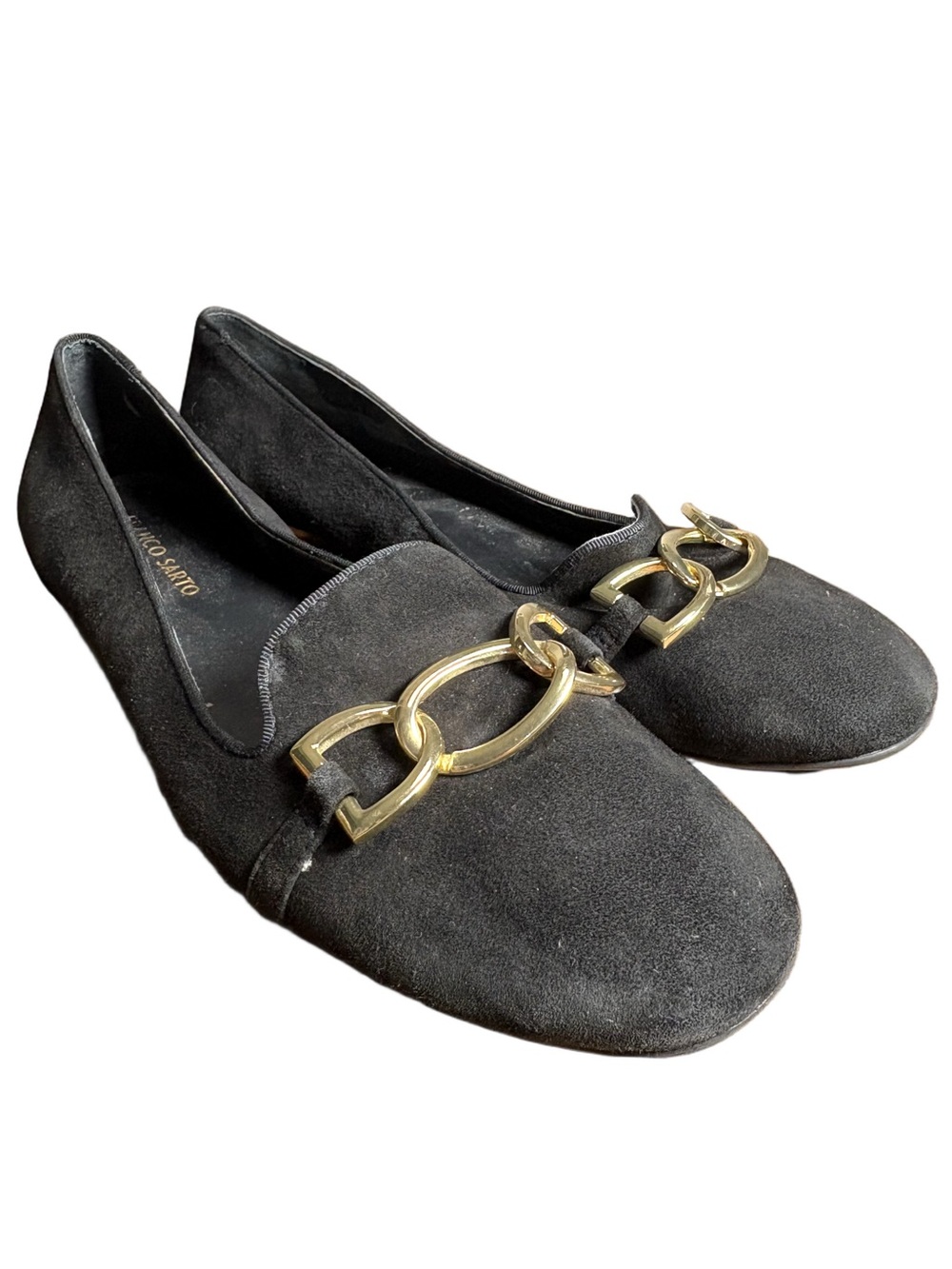 Franco Sarto Black Suede Loafers Gold Chain Womens 10M